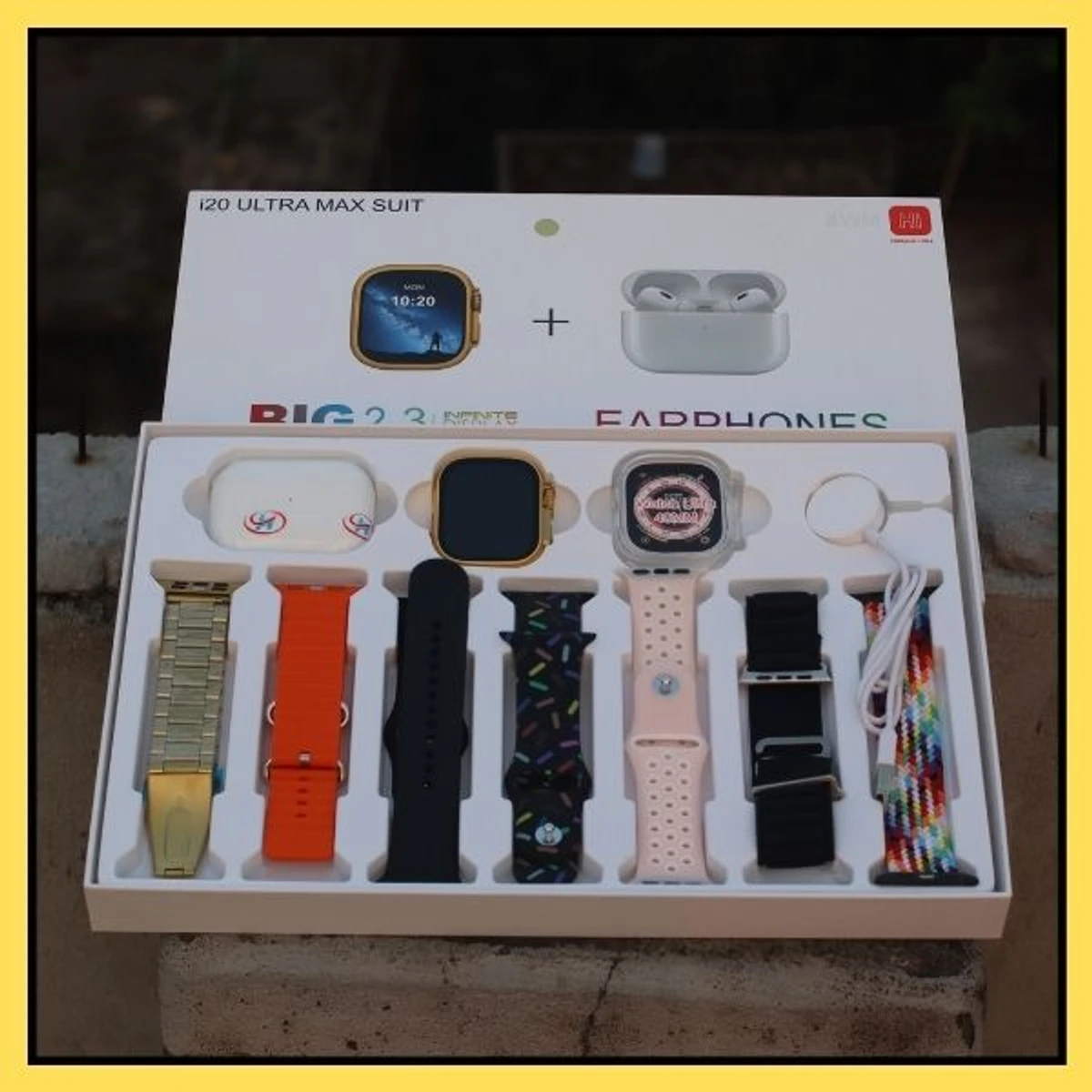 i20 Ultra Max Smart Watch + 7 Straps + Earbuds + Watch Case All In One Box